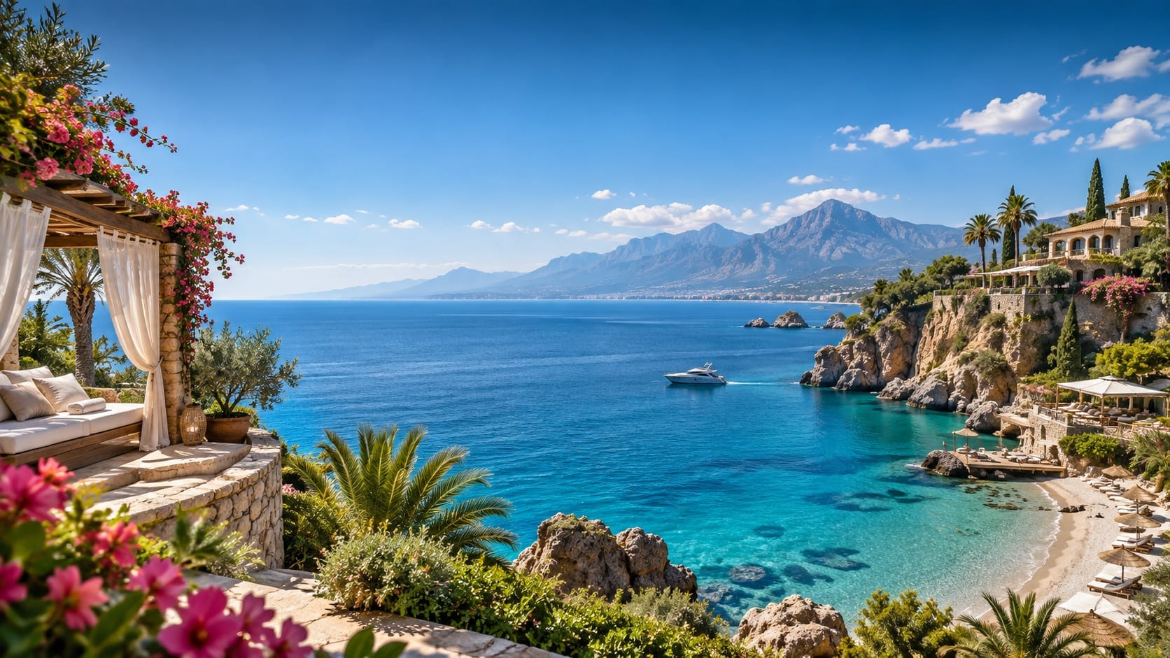 Turquoise bay on the Antalya coast, seen from a shaded terrace above the sea